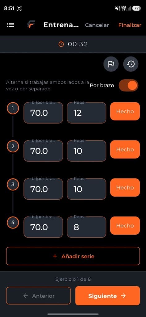 Registro de series, peso y repeticiones